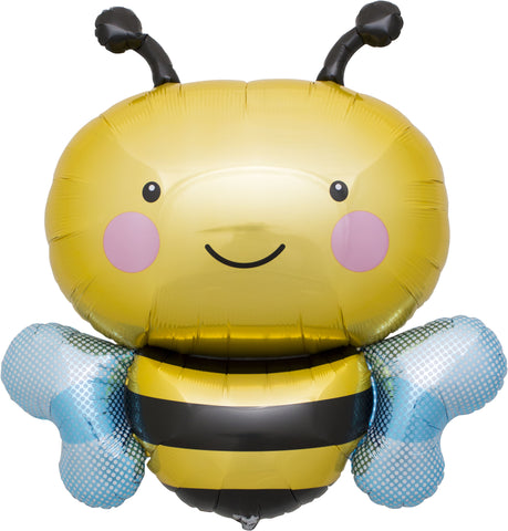 Bienen Folienballon XL 91cm groß in gelb mit hellblauen Flügeln und rosa Bäckchen dekoriert deine Party
